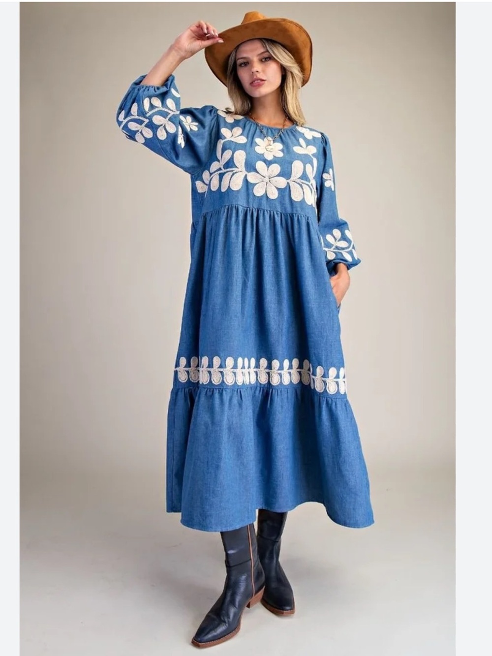 New: Easel Denim Floral Embroidery 3/4 Balloon Sleeve Side Pocket Maxi Dress• M